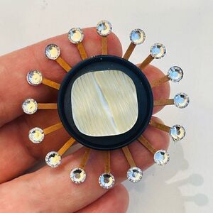 Upcycled Atomic Starburst Refrigerator Magnet Buttons Rhinestones Blue Teal Whit